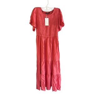 ZESICA Women's Smocked Tiered Midi Dress Coral Pink Puff Sleeve Size Small NWT